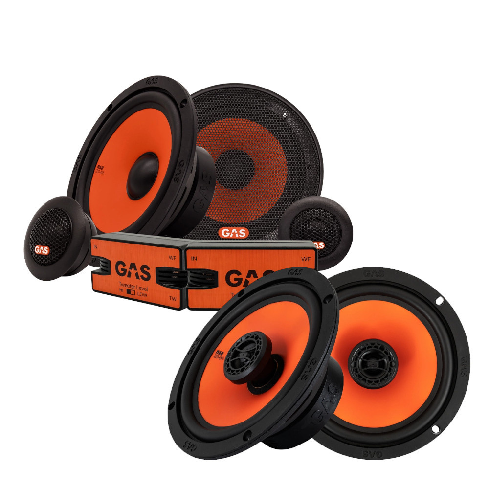 Högtalare set med svart och orange design, fram- och bakhögtalare för bil.