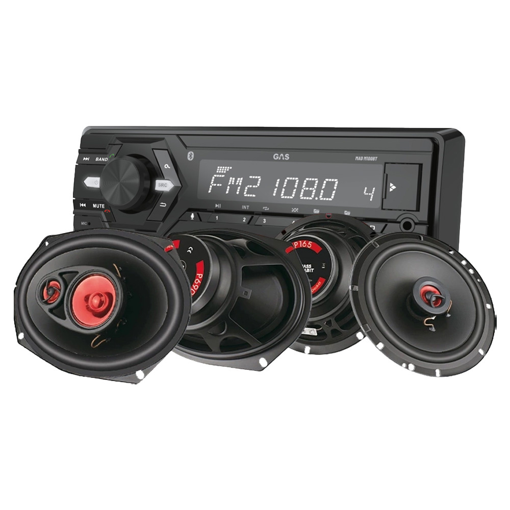 GAS MAD M100-BT bilstereopaket med Bass Habit Play-högtalare