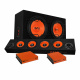 GAS MAD B1-212 med GAS MAD PB1-46, raggarpaket Högtalarsystem med två subwoofers och flera mindre element, orange och svart design.