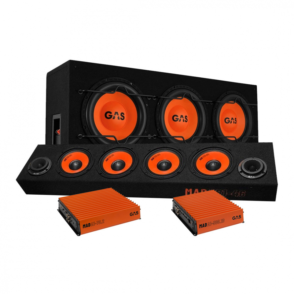 En ljudanläggning med subwoofers och förstärkare, designad för bil.