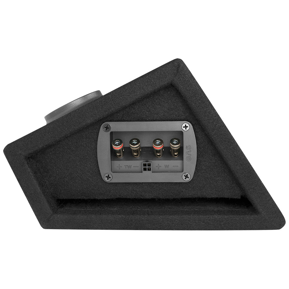 Högtalarlåda i svart med anslutningspanel på baksidan.