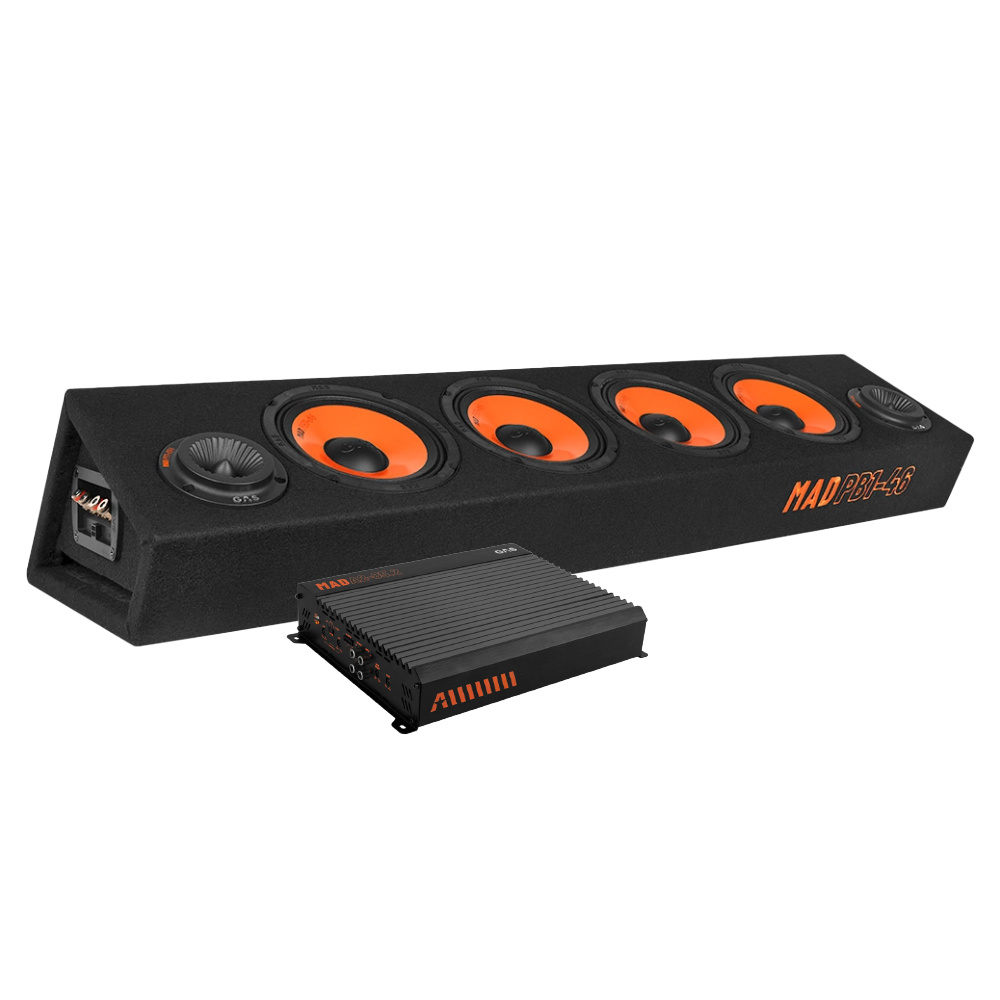 Ljudsystem med raggarplanka och förstärkare för bil.