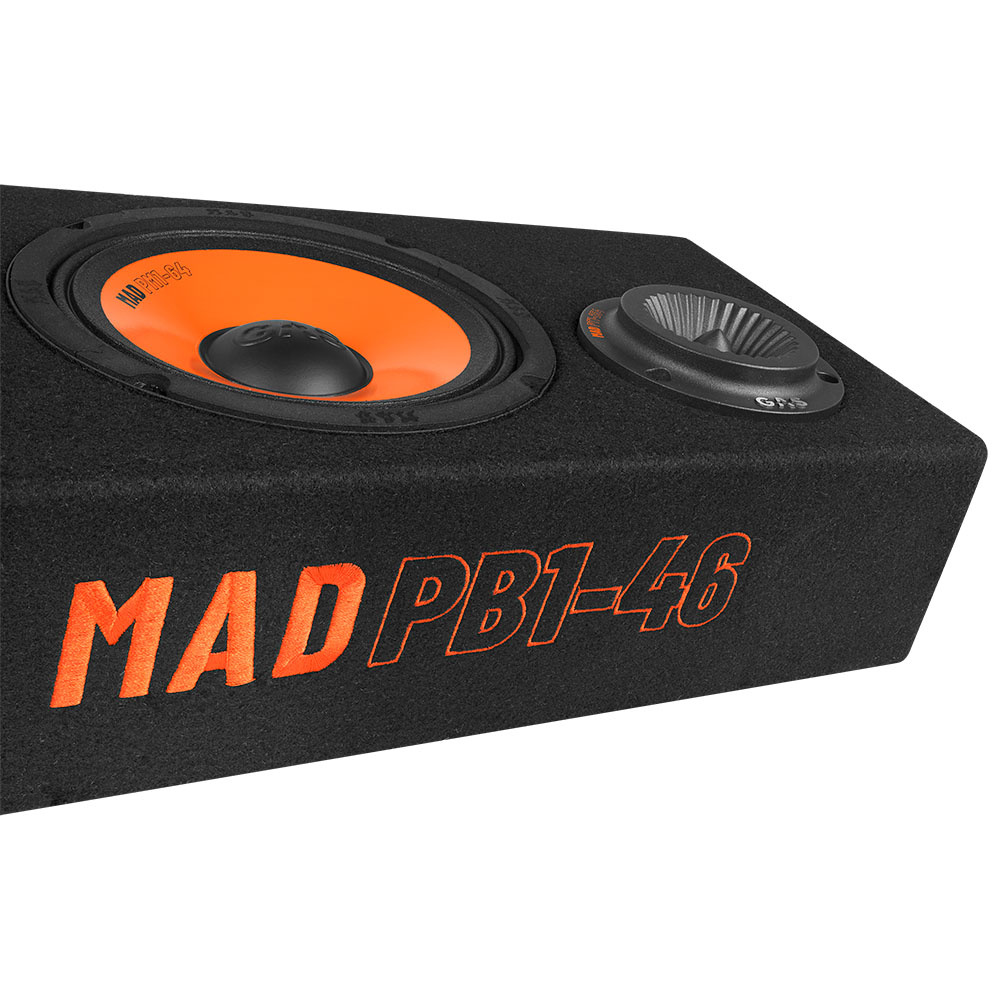 Högtalarlåda med orange element och ljudkontroll, modell MAD PB1-46.