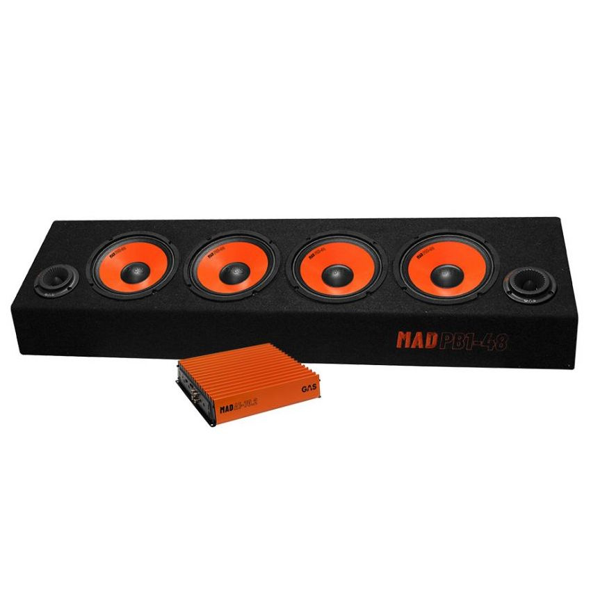 En svart högtalarlåda med orange element och en förstärkare.