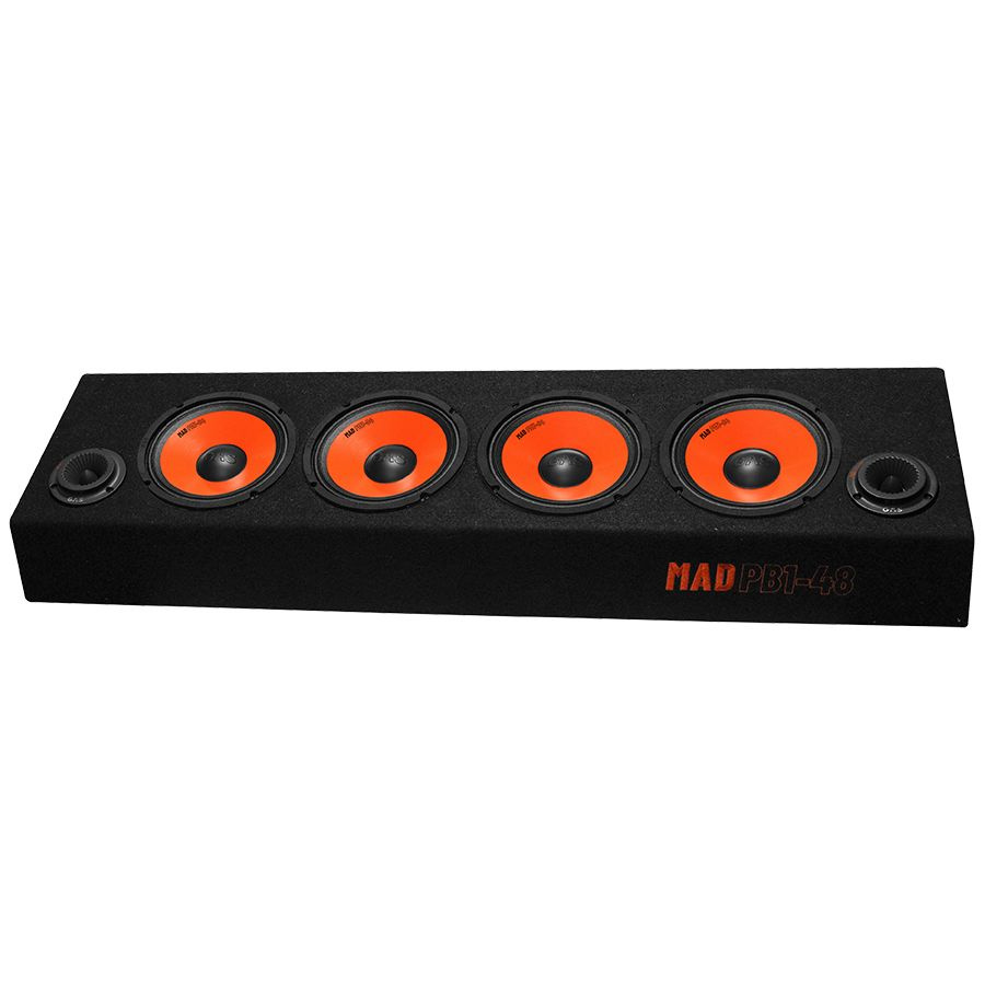 En ljudanläggning med fyra orangeed speakers i svart låda.