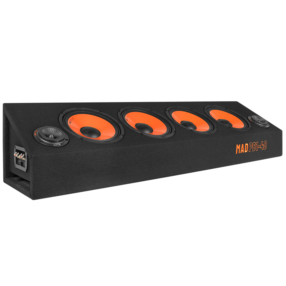 Högtalarlåda med fyra högtalare och orange detaljer.