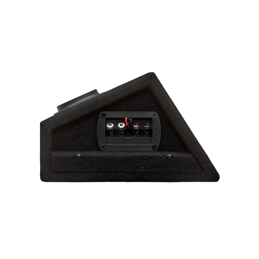 En svart högtalarlåda med anslutningar på baksidan.