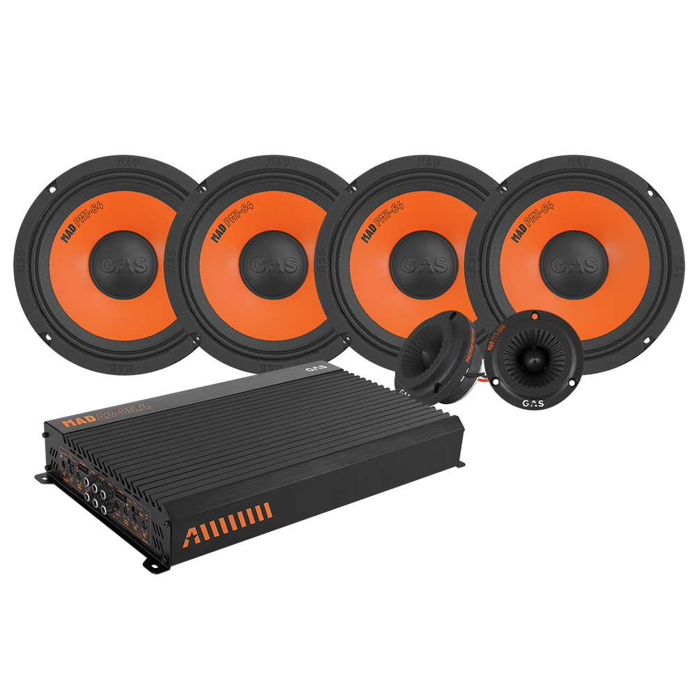 Högtalare och förstärkare i ett paket för ljudsystem.