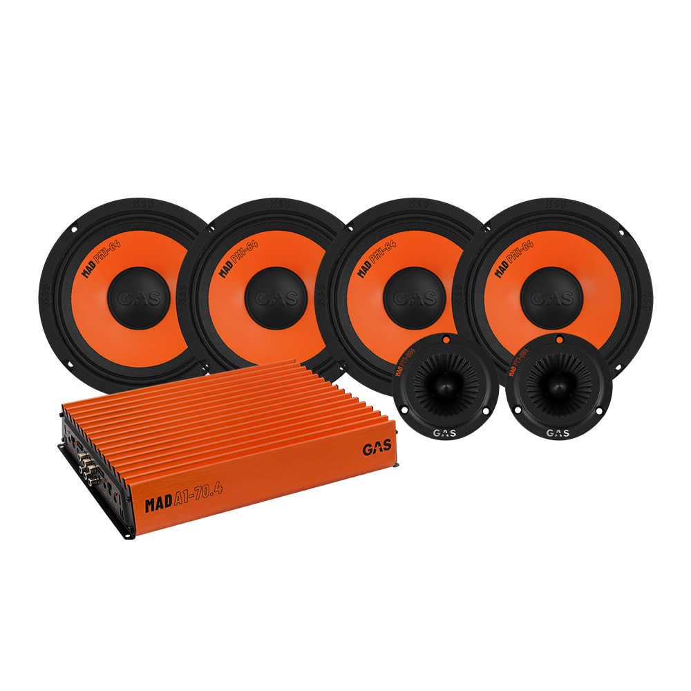 Högtalare och förstärkare i svart och orange, 4-pack ljudsystem.