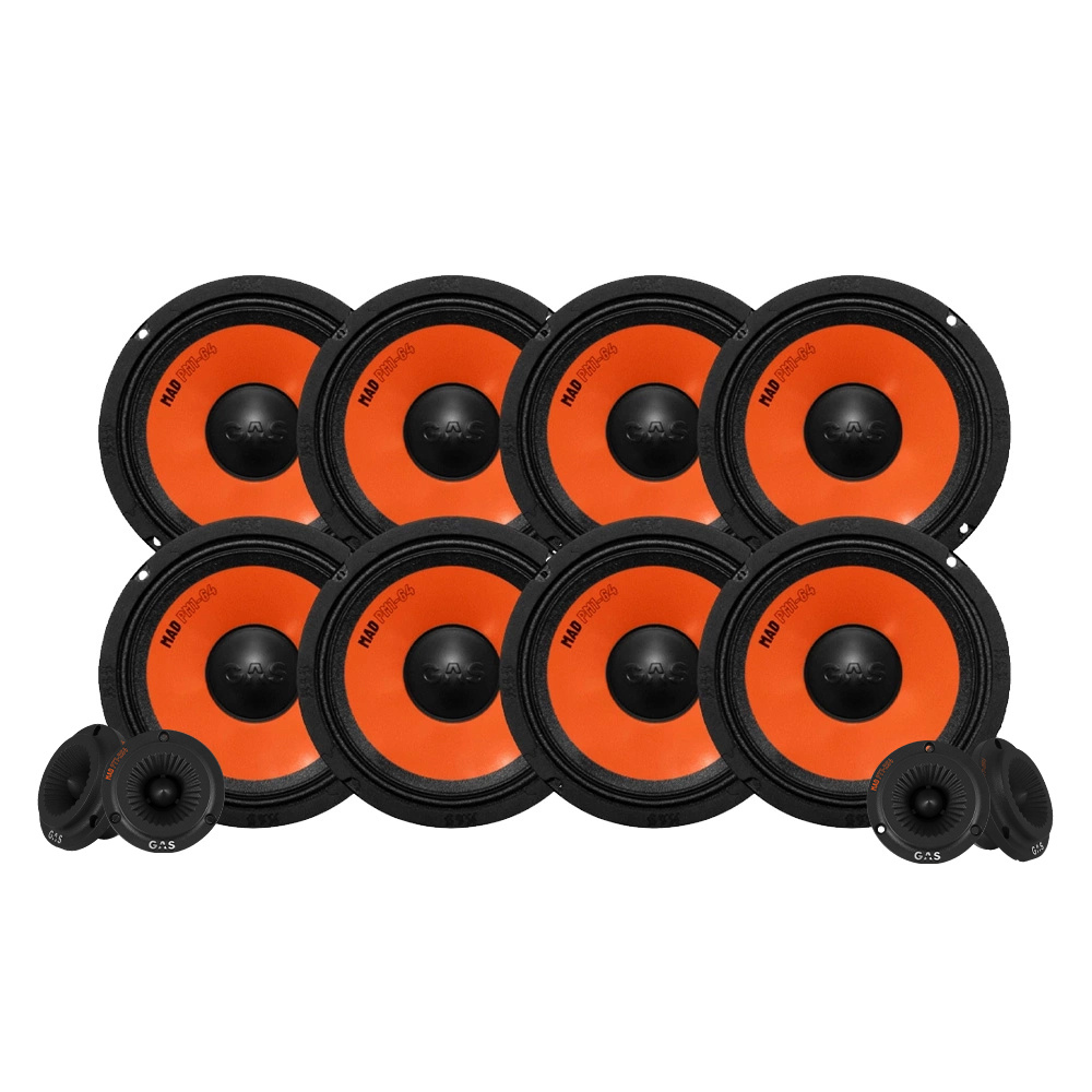 Högtalarset med flera element i svart och orange färg.