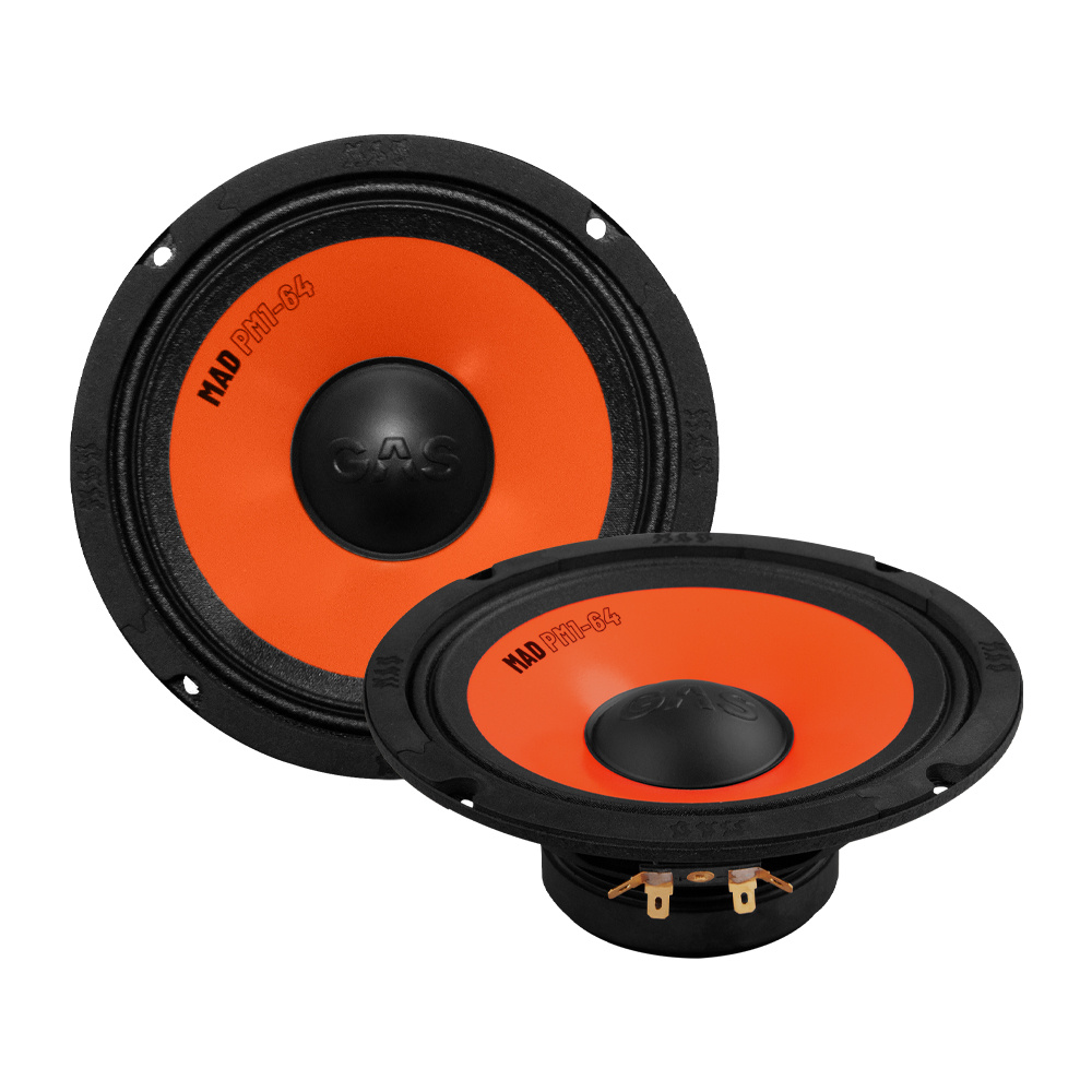 Högtalarpaket med två delar, svarta kanter och orange membran.