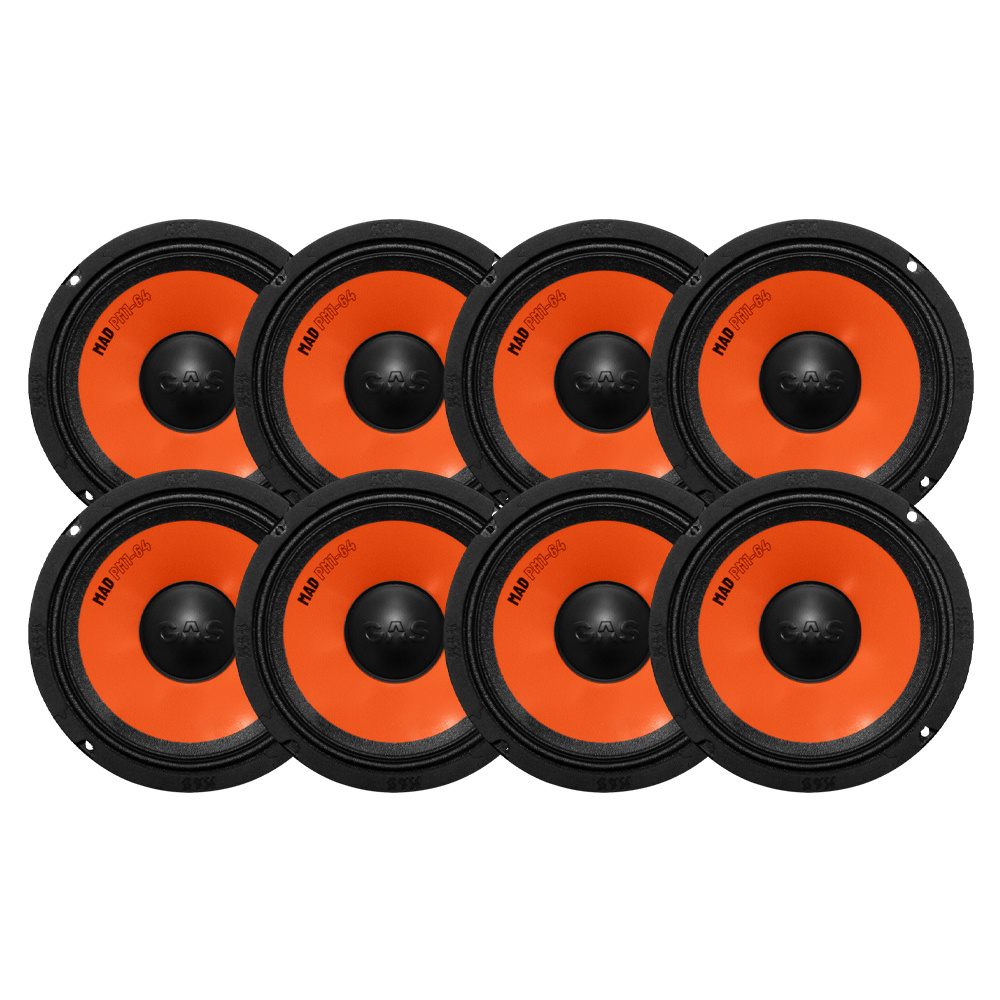 Åtta stycken 6.5 tums midbashögtalare med svart och orange design.