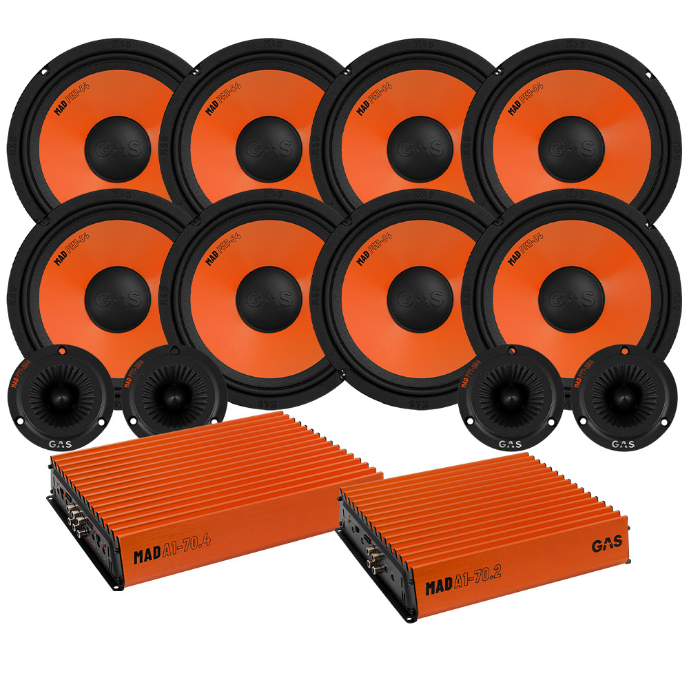 Ljudpaket med subwoofers, högtalare och förstärkare från GAS.