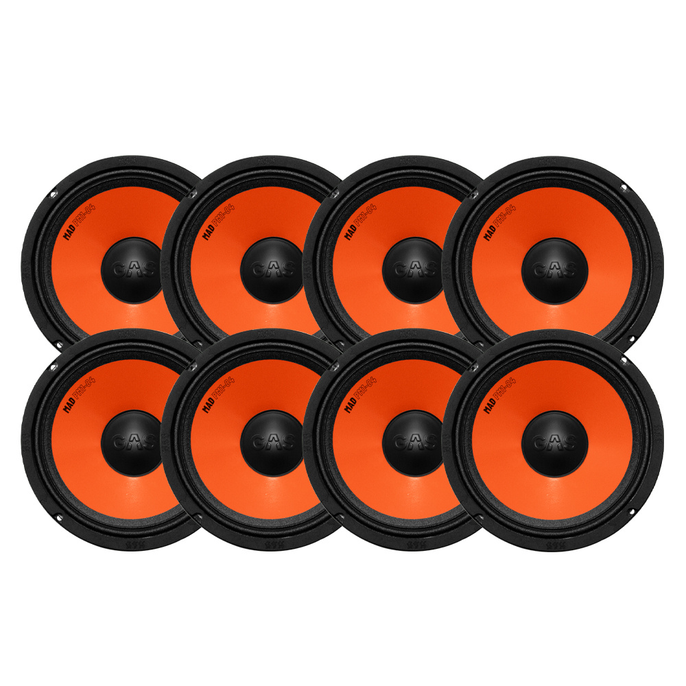 Åtta 8-tums midbashögtalare med svart ram och orange kon.