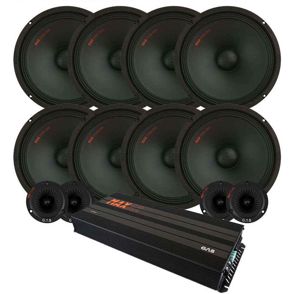 Högtalarpaket med 8 enheter och en förstärkare för ljudsystem.
