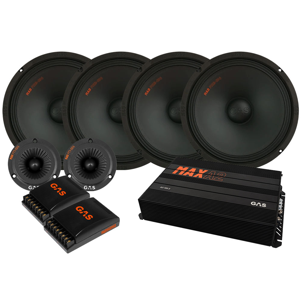 Ljudsystem med fyra högtalare och en förstärkare.