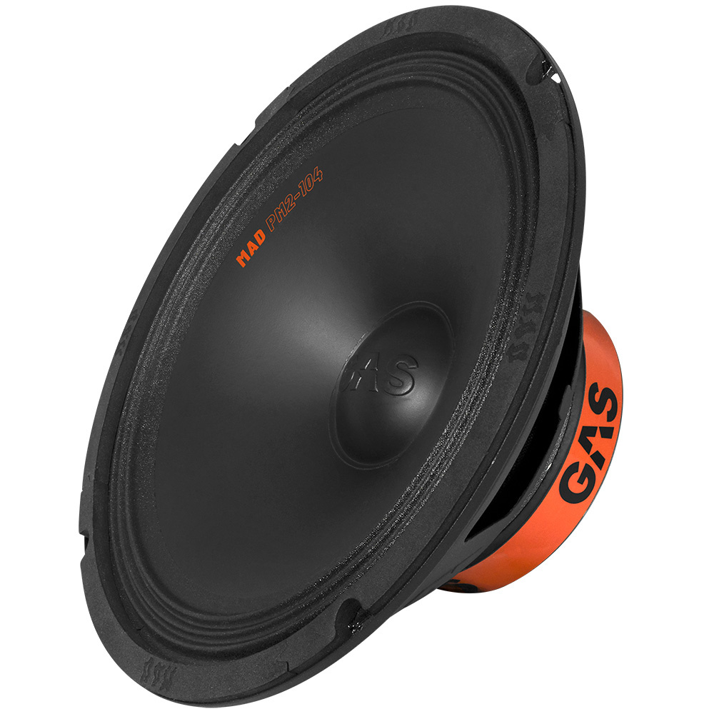 Högtalare med svart ljudkon med GAS-logotyp, designad för hög kvalitet.