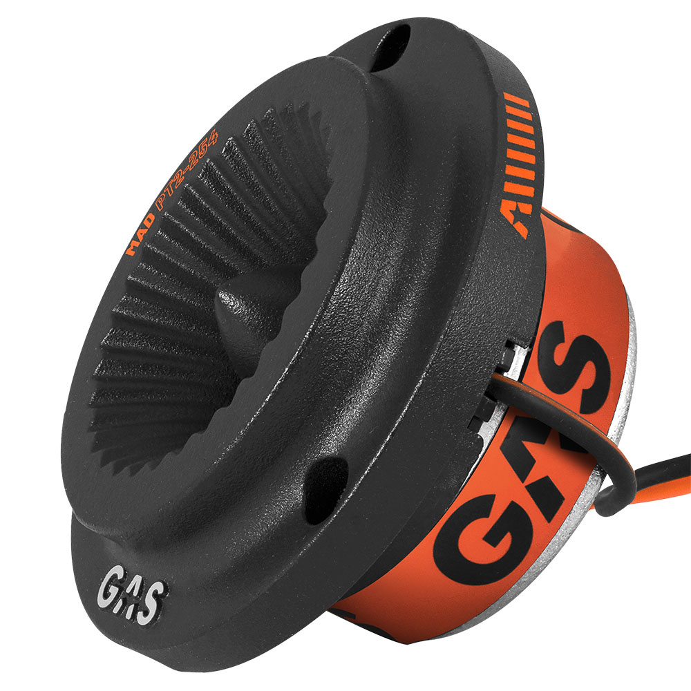 Högtalare med svart och orange design, rund form och kabelanslutning.