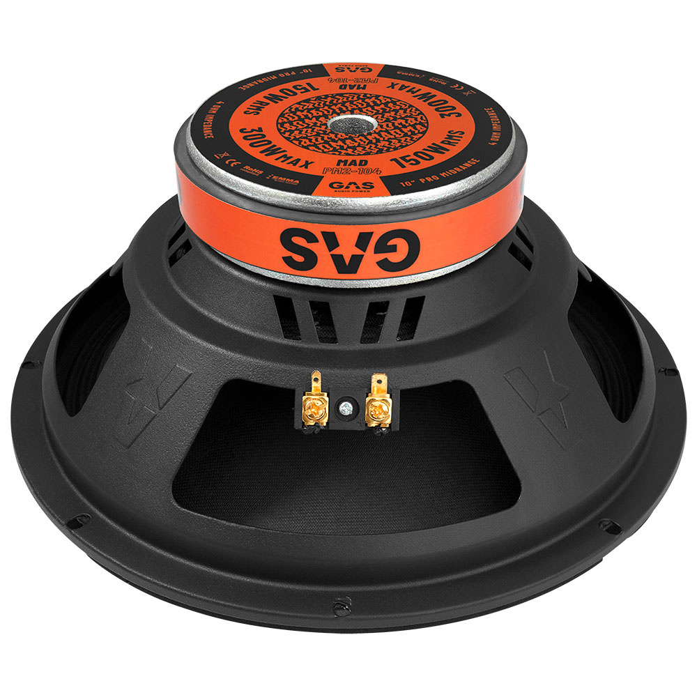 En rund högtalare med svart kåpa och röd och orange detaljer.