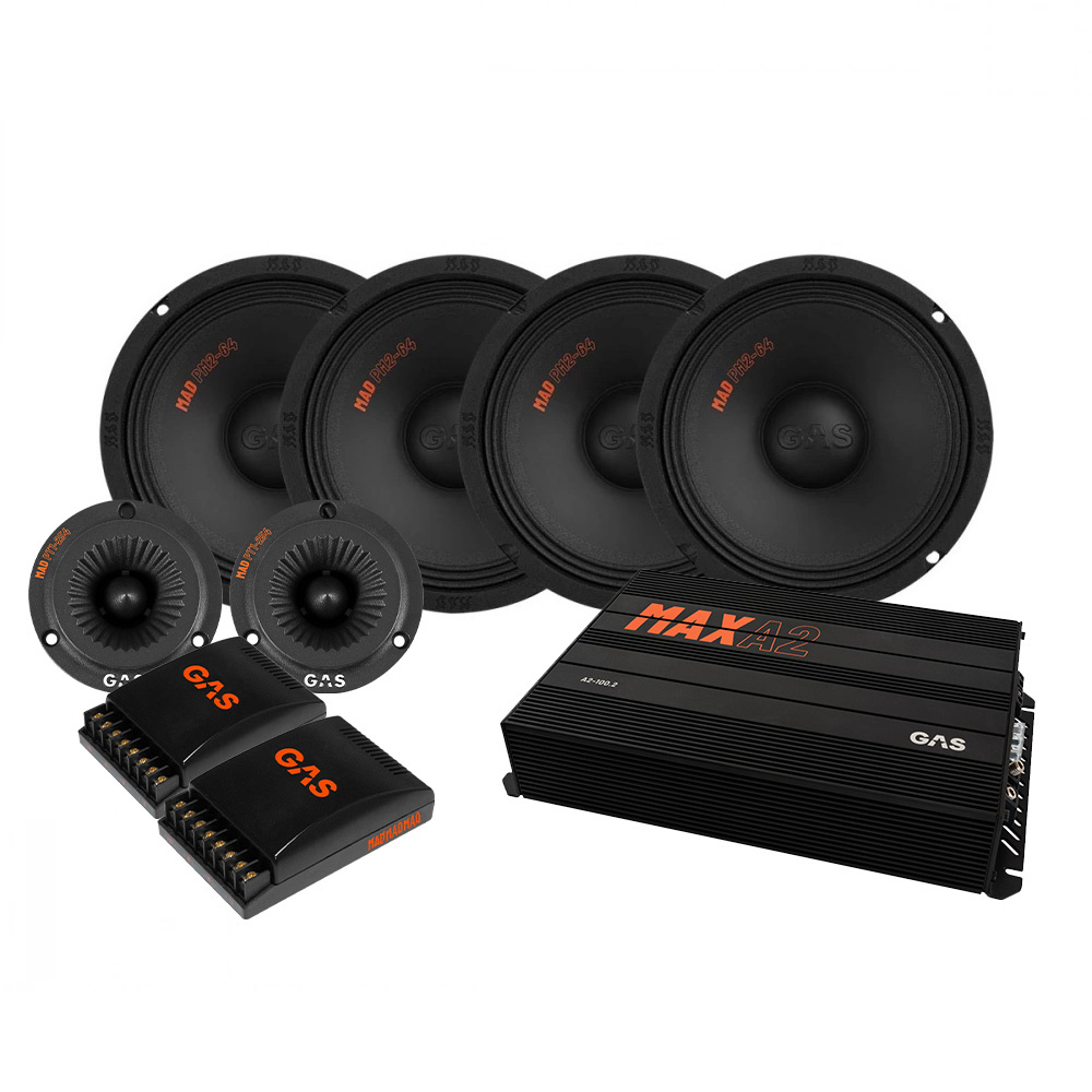 Högtalarpaket med 4 element och förstärkare för ljudsystem.