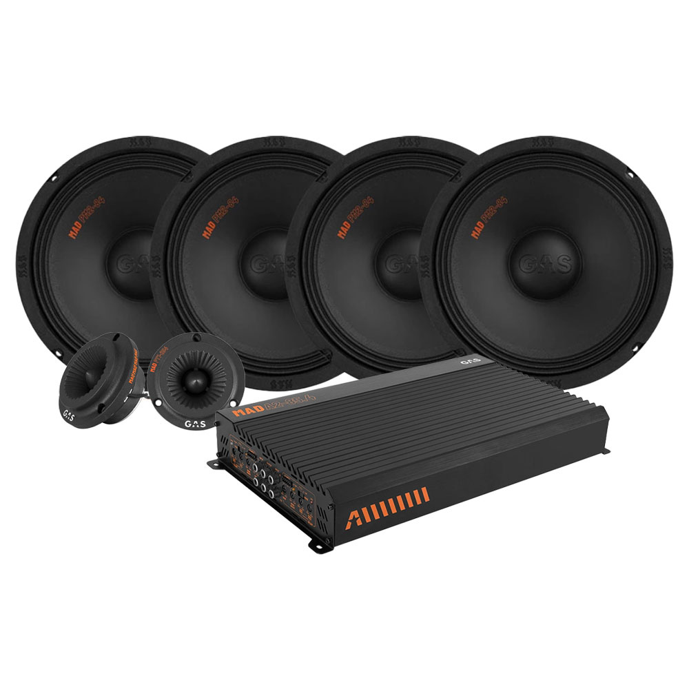 Fyra högtalare och en förstärkare i ett paket för ljudsystem.