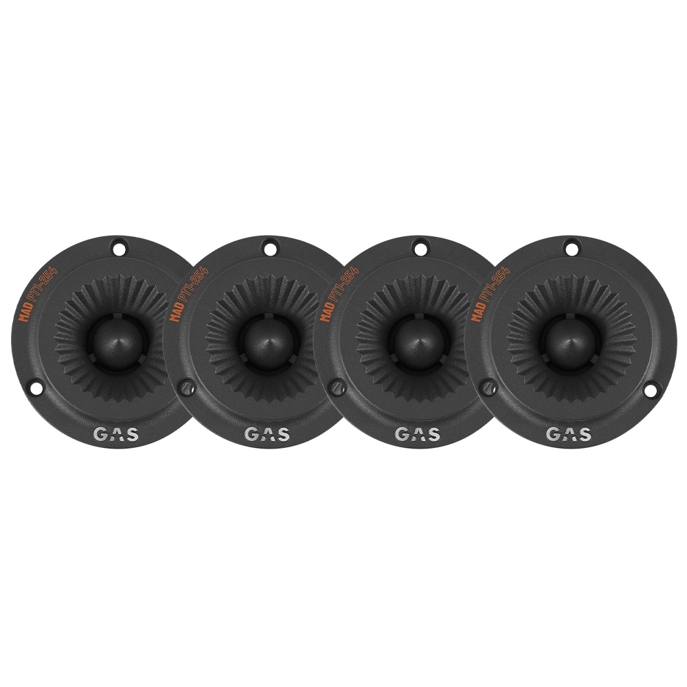 Fyra svarta diskantelement med ribbad design och central kupa.