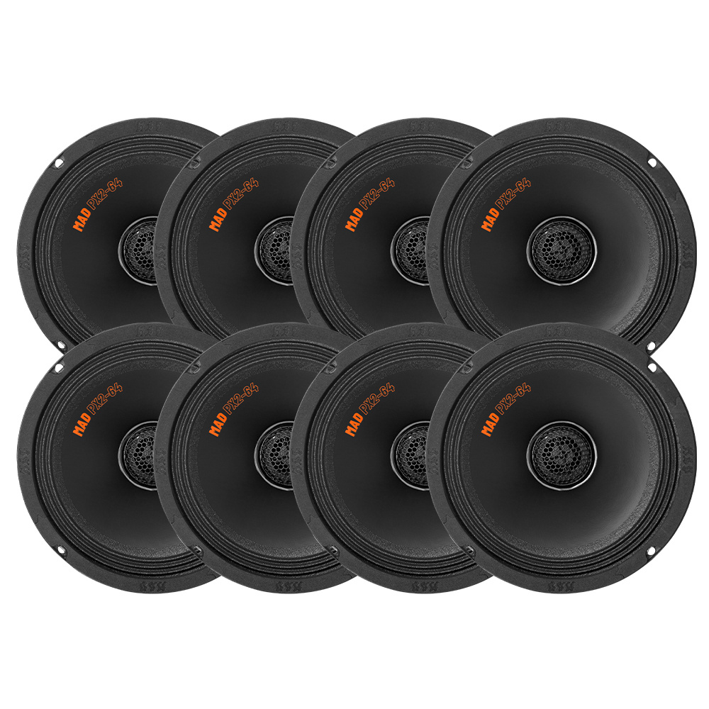 Åtta 6.5 tums koaxialhögtalare i en packning, svart design.