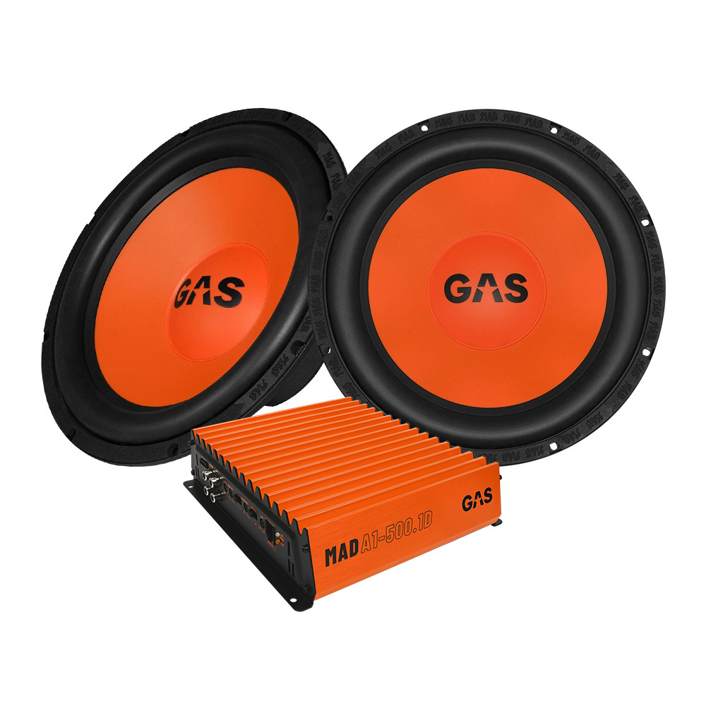Två subwoofers och en förstärkare i orange och svart från GAS.