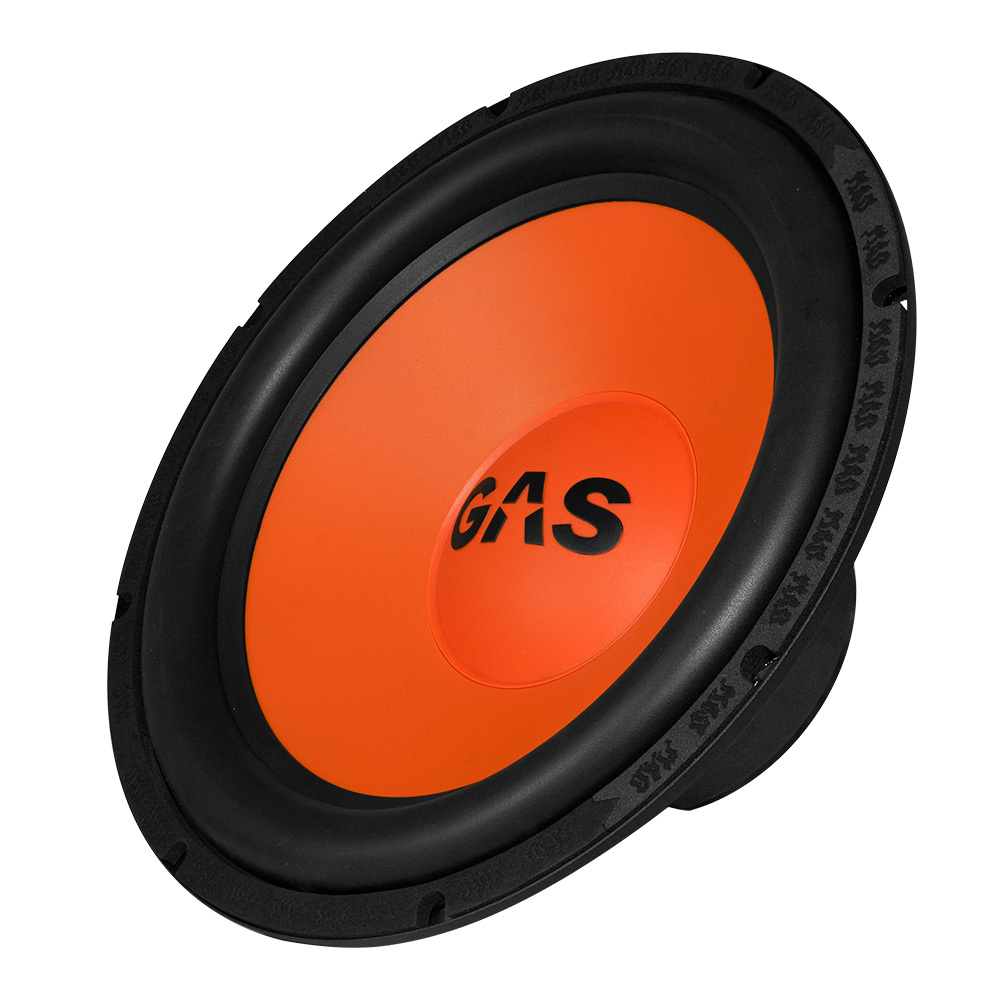 En subwoofer med orange och svart design för kraftfull ljudåtergivning.