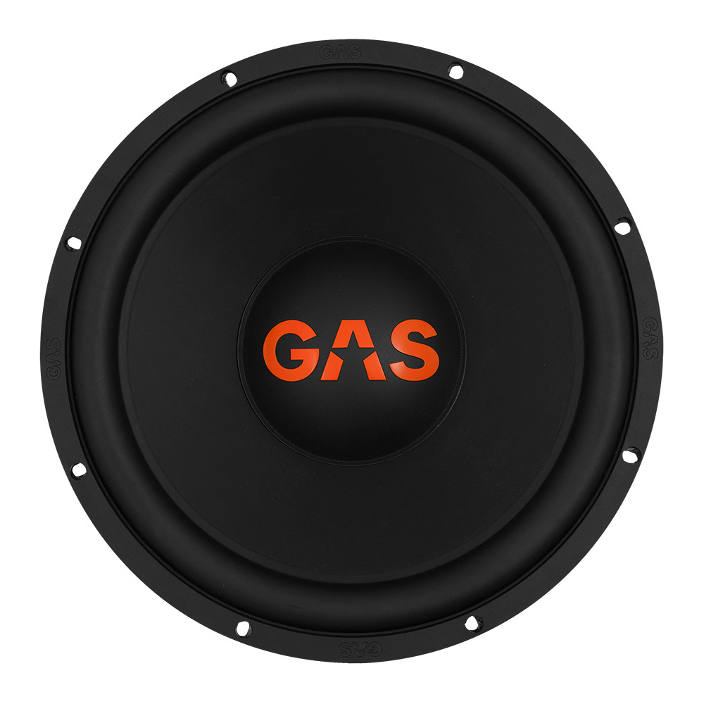 En svart subwoofer med GAS-logga i mitten.