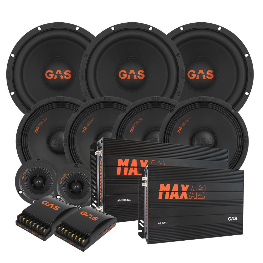 Högtalare och förstärkare för ljudsystem i jänkare, inklusive komponenter och kablar.