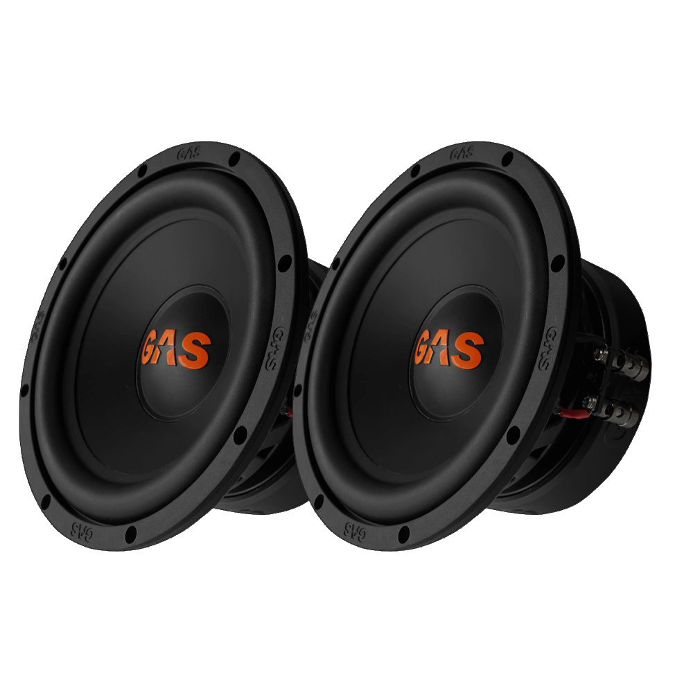 Två 8-tums basenheter från GAS, modell S2-8D2, i svart med orange logotyp.