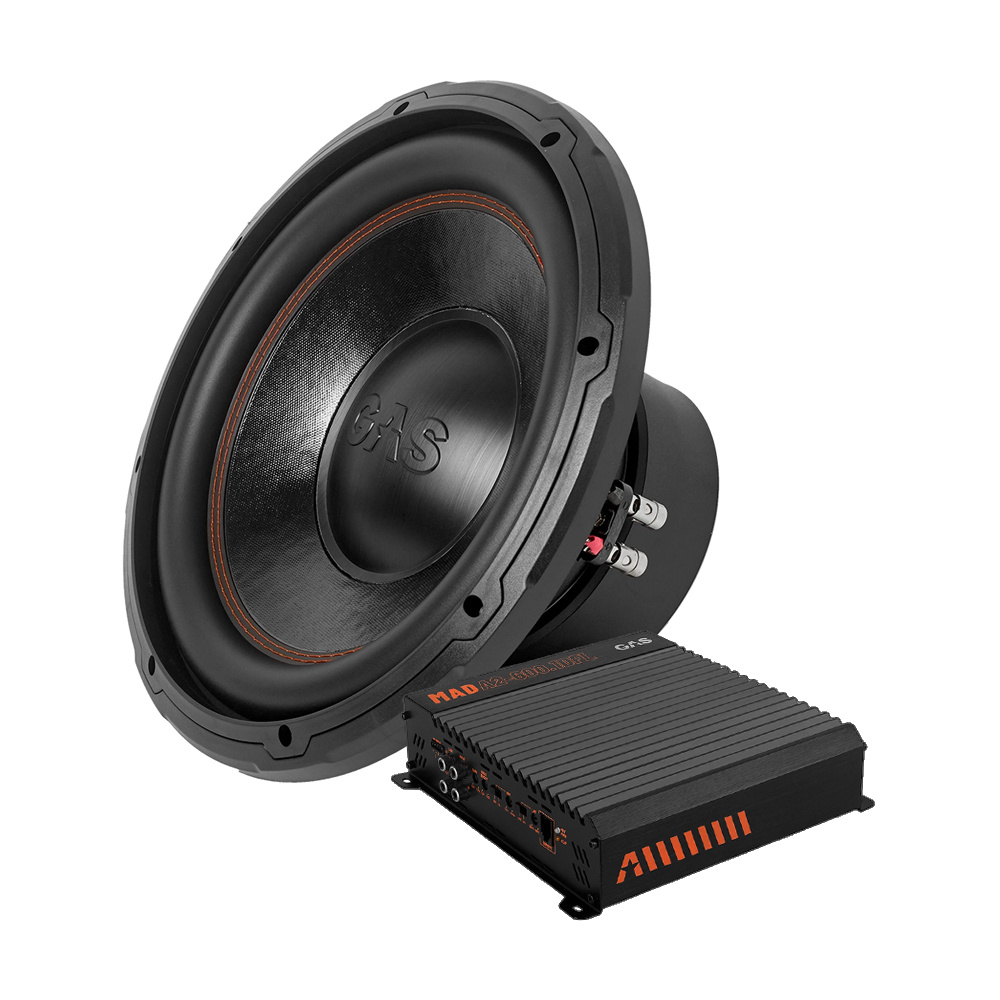 Subwoofer och förstärkare i baspaket för ljudsystem.