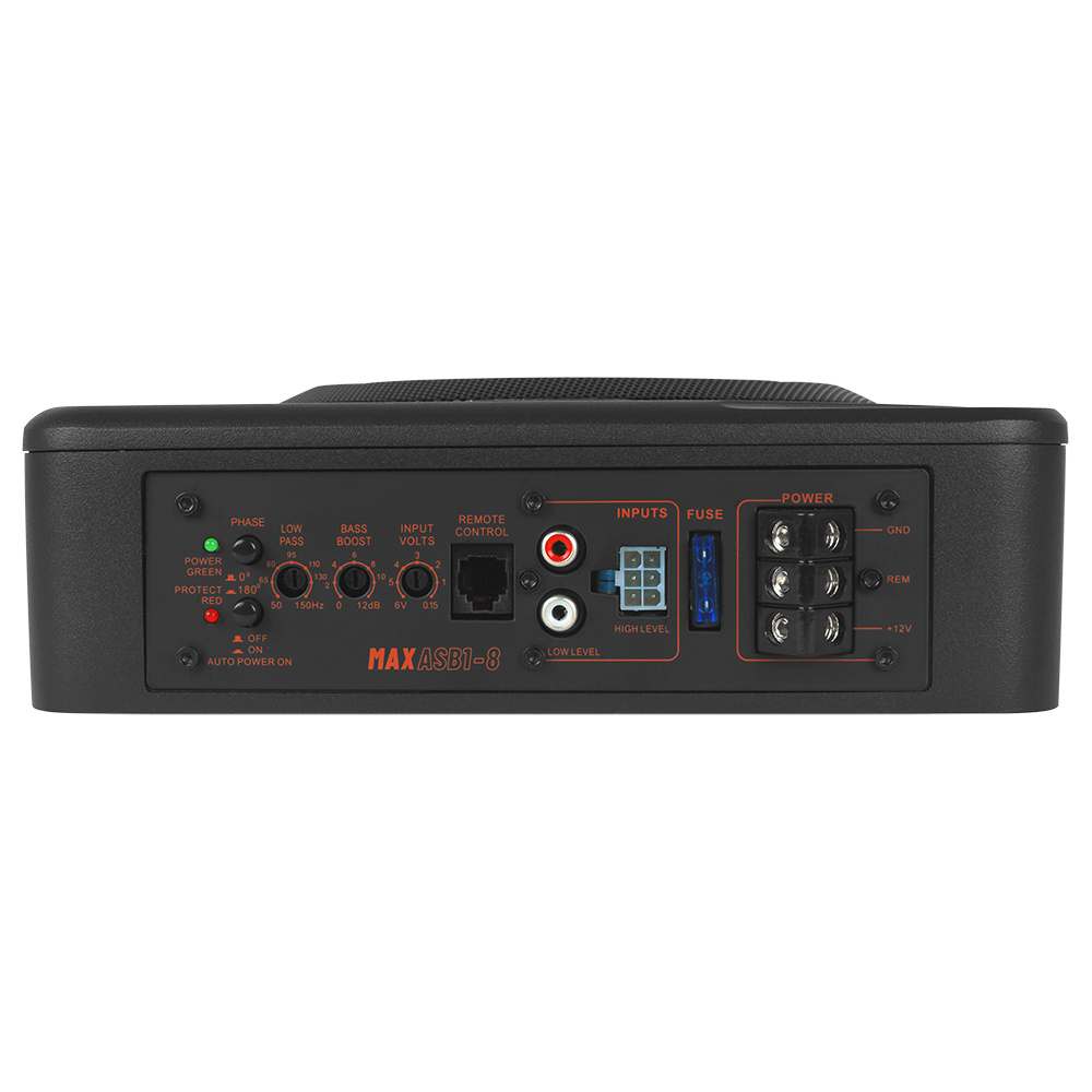 Aktiv baslåda med olika inställningar och anslutningar på baksidan.