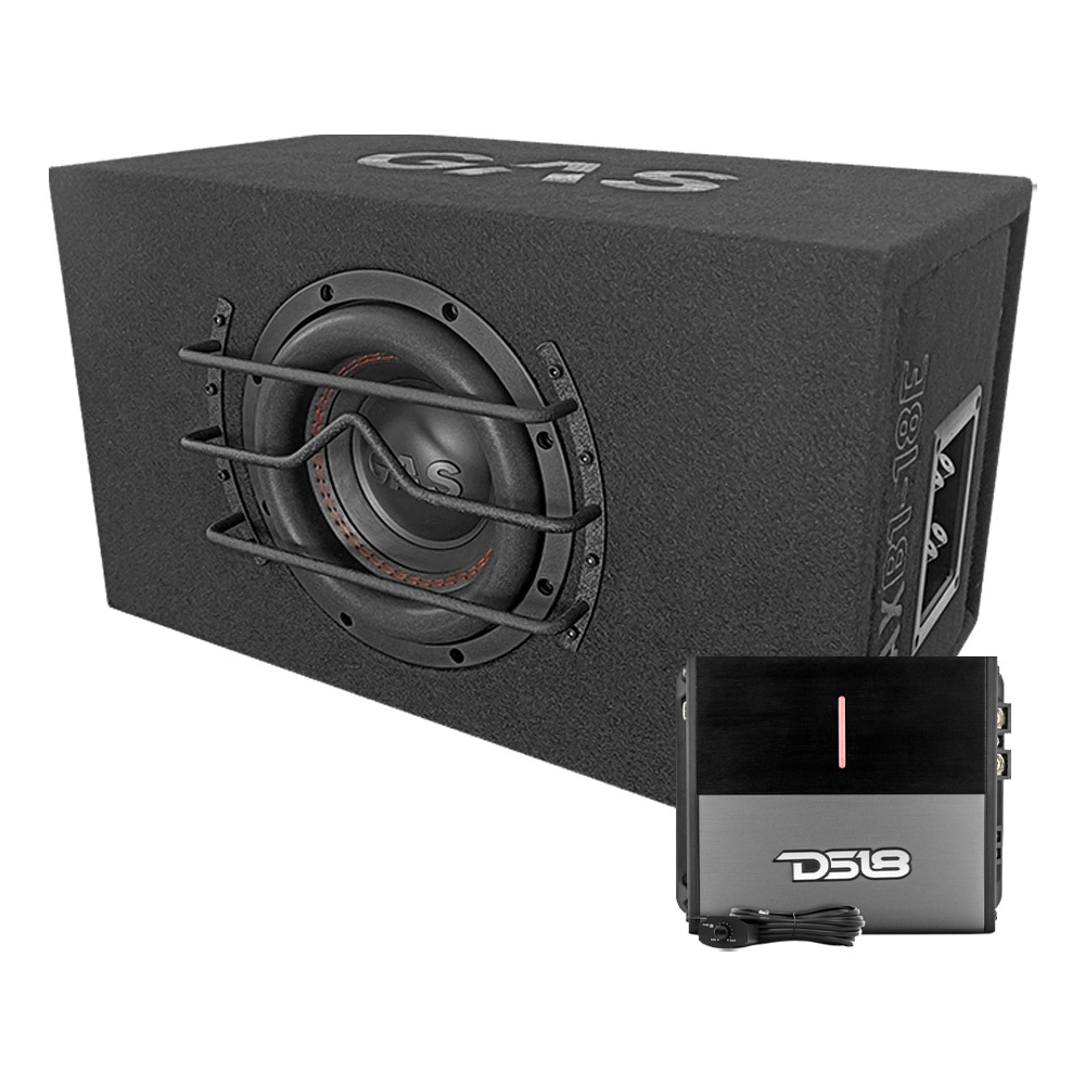 Basslåda med högtalare och förstärkare för bilstereo.