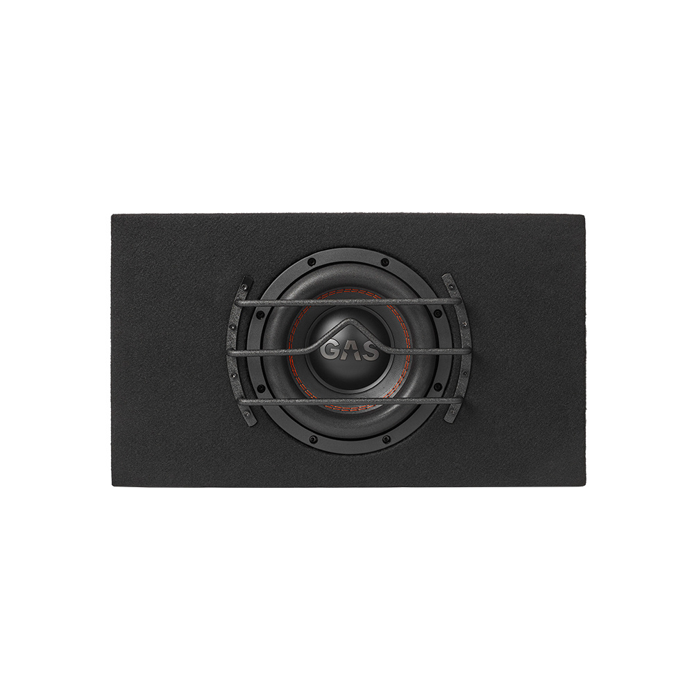 En svart bashögtalare med galler och GAS-logotyp.