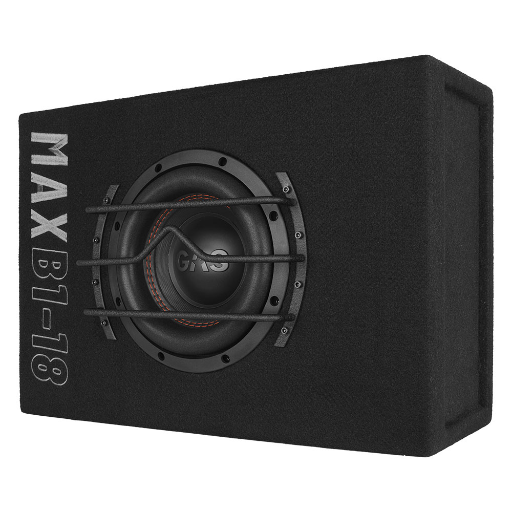 Högtalarlåda med en stor subwoofer, svart tygöverdrag och förstärkande detaljer.