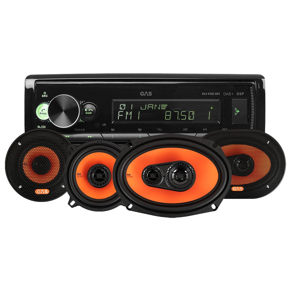 Bilsteropaket med en DAB-radio och två högtalare.