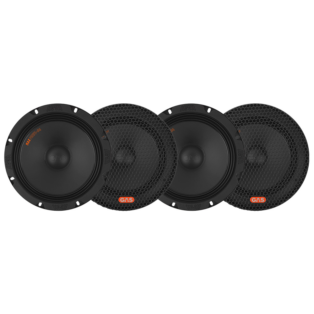 Fyra 8-tums bas/midbaser i svart med nätgaller.