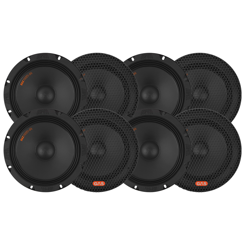 Åtta högtalare med svart design och nätgaller från GAS.