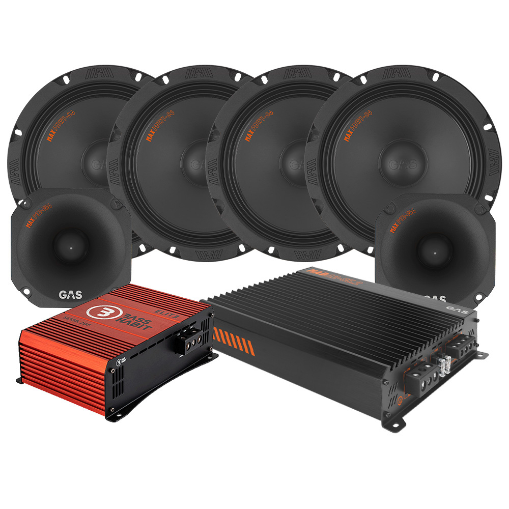 Högtalare och förstärkare i paket för ljudsystem. 4 högtalare och en förstärkare ingår.