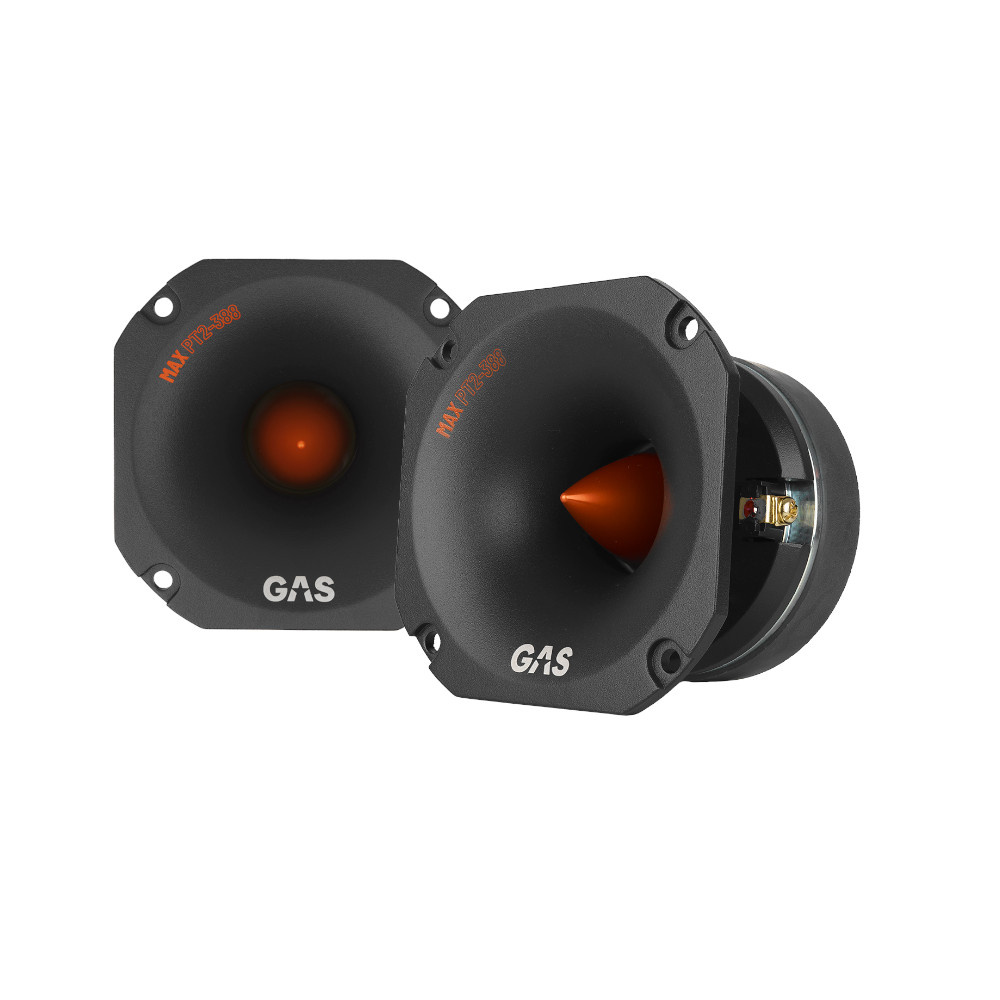 Högtalare av modell GAS MAX PT2-388, 2-pack, svart design.