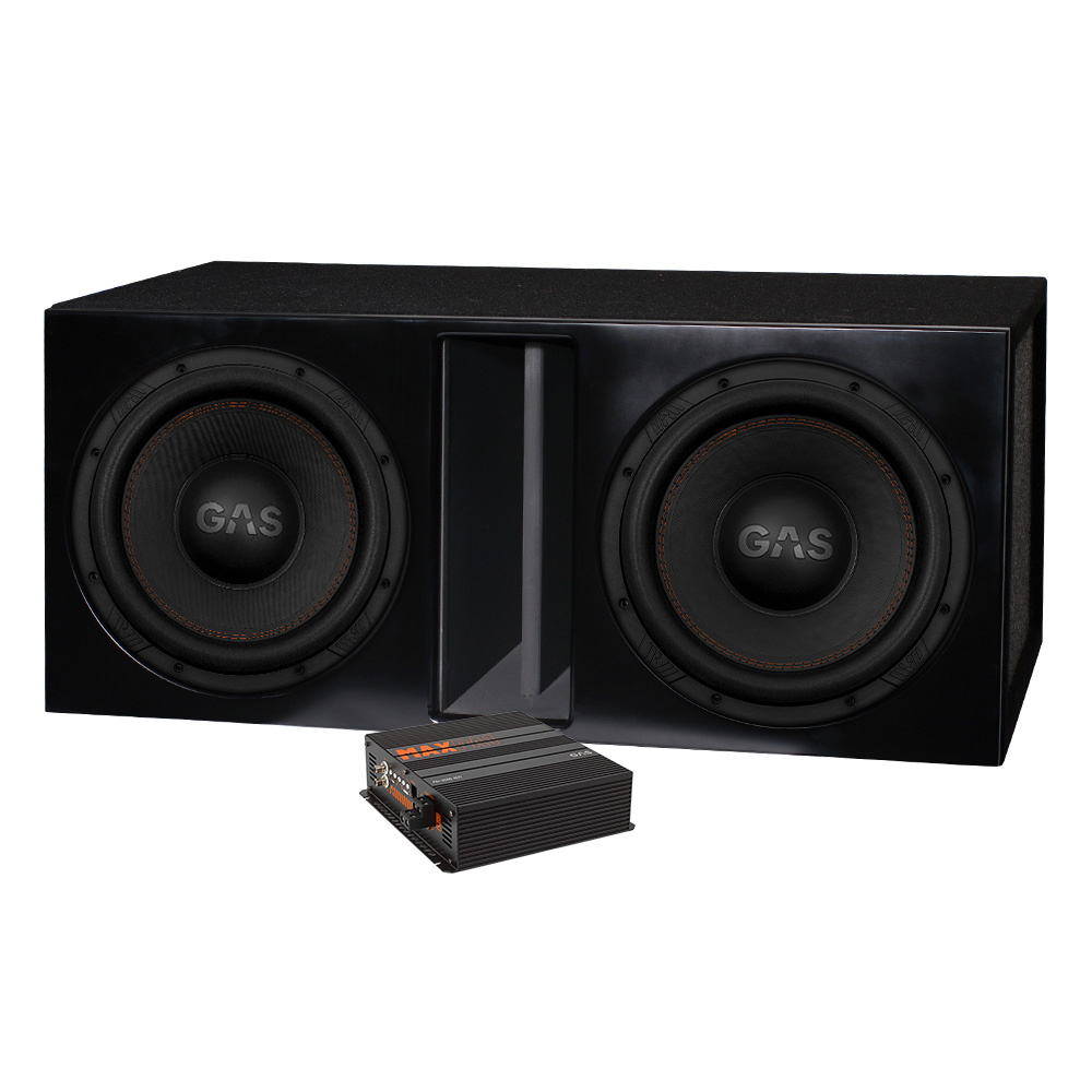 Högtalarlåda med dubbla basar och förstärkare, svart finish.