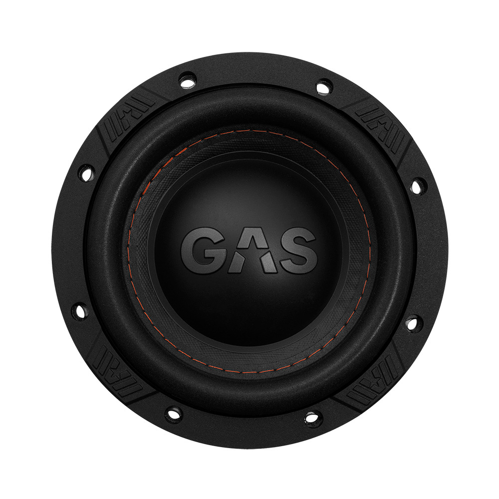 Subwoofer med GAS-logotyp, rund design och svart yta.