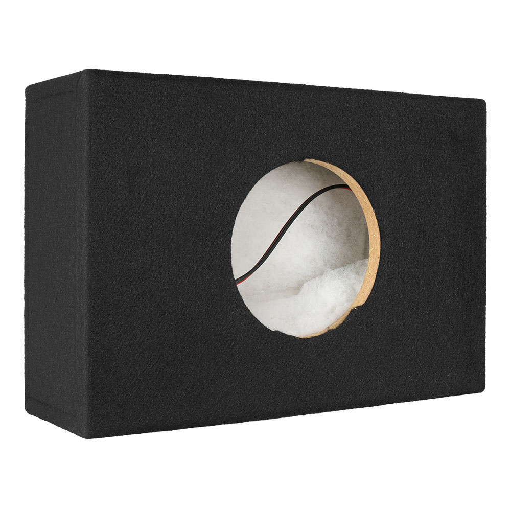 Svart baslåda för dubbla 6.5” subwoofers, med öppning och isolering inuti.