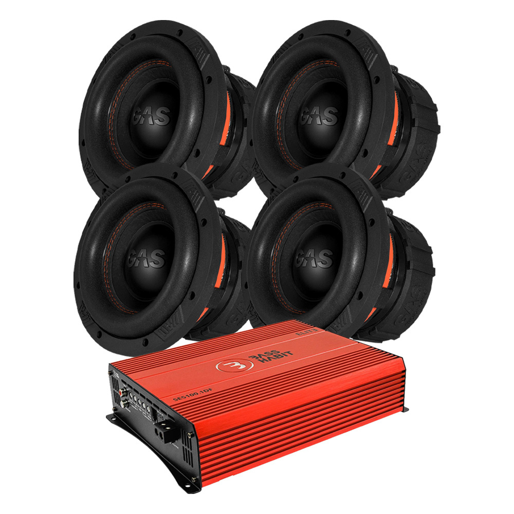 Fyra basar och en förstärkare för ljudsystem.