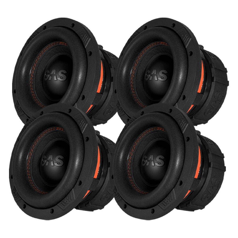 Fyra 8-tums baselement med svart och orange design.