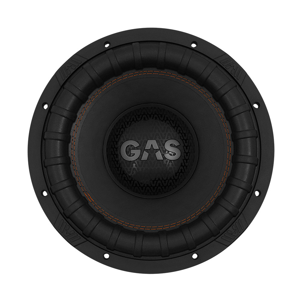 Subwoofer med svart yta och GAS-logotyp, designad för hög ljudkvalitet.