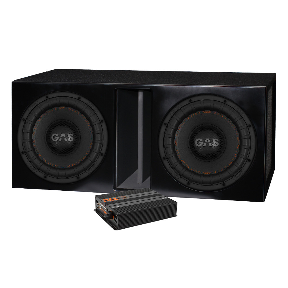 Baslåda med två GAS MAX S2-12D1 högtalare och MAX PA1-5000.1DZ1 förstärkare.