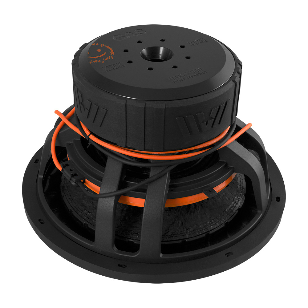 En 15-tums subwoofer med svart och orange design.